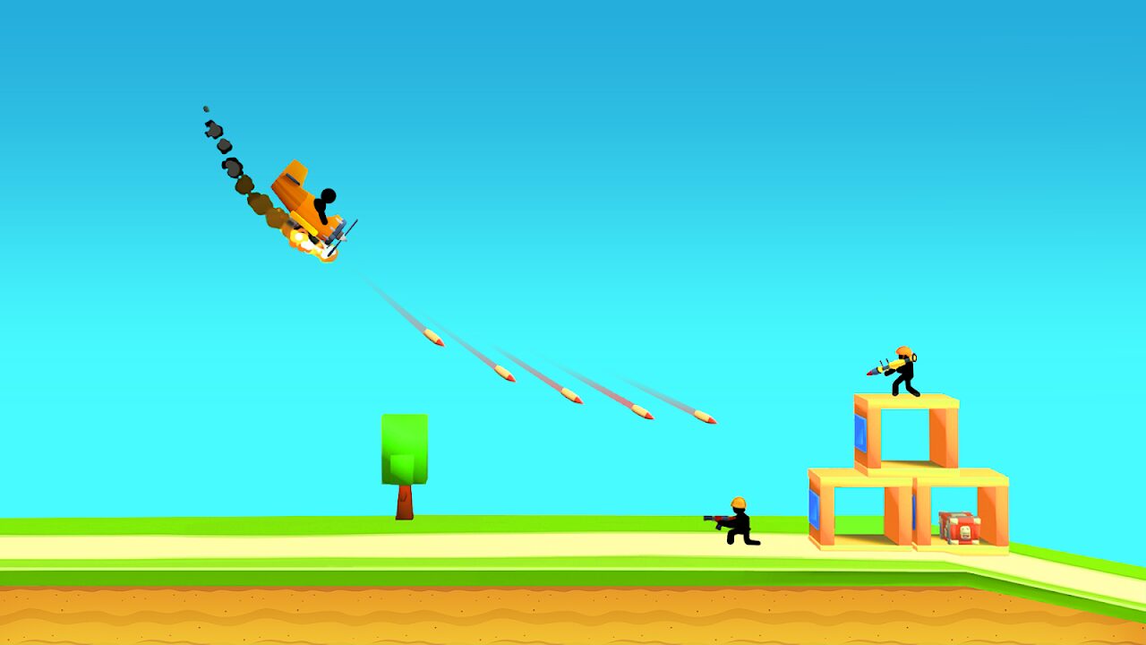 Store still: an orange plane and a stick figure firing toward block buildings